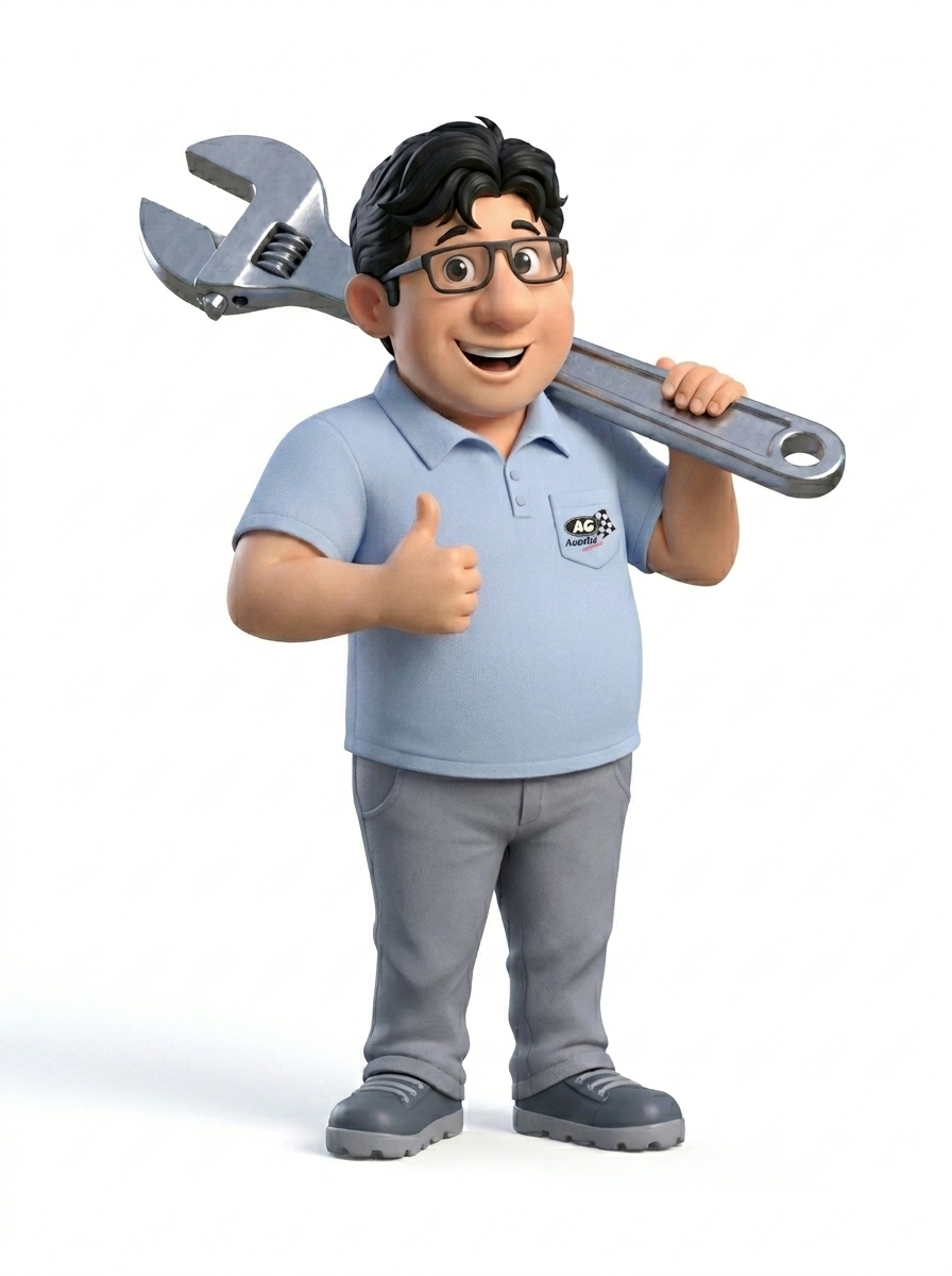 Mascote AutoGil de camisa azul segurando uma chave inglesa